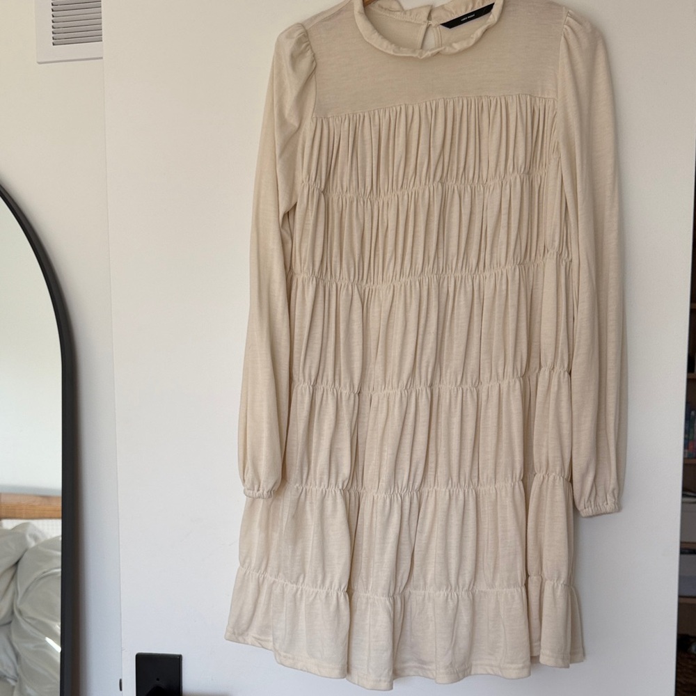 Vero Moda Cream Long Sleeve Smocked Tiered Mini Dress